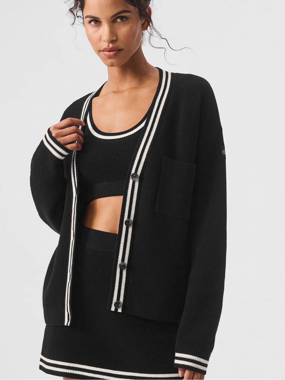 ALO Yoga Tennis Club Sweater Knit Black/Ivory Cardigan Size XS